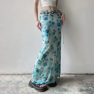 Blue Blossom Mesh Maxi Skirt - Y2K Aesthetic Floral Layered Style