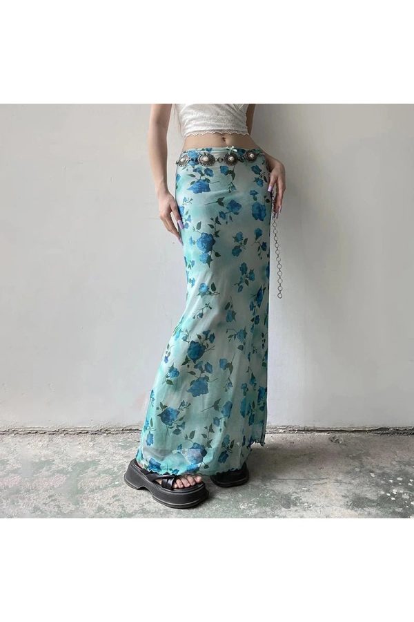 Blue Blossom Mesh Maxi Skirt - Y2K Aesthetic Floral Layered Style