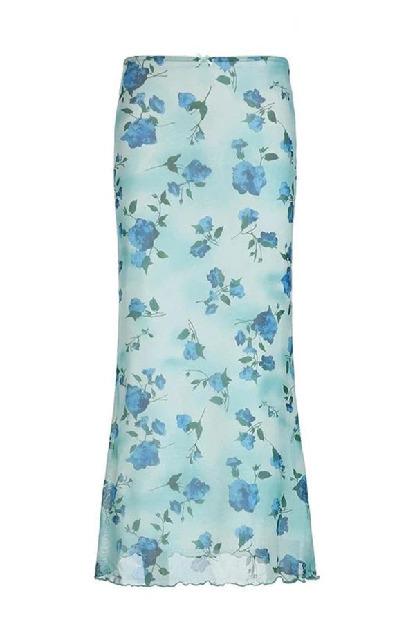 Blue Blossom Mesh Maxi Skirt - Y2K Aesthetic Floral Layered Style