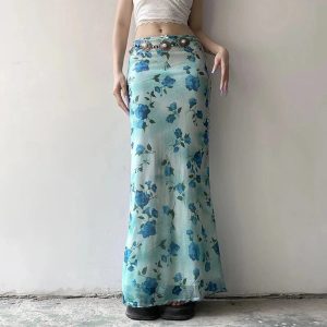 Blue Blossom Mesh Maxi Skirt - Y2K Aesthetic Floral Layered Style