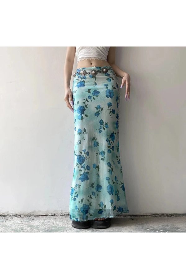 Blue Blossom Mesh Maxi Skirt - Y2K Aesthetic Floral Layered Style