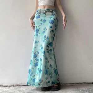 Blue Blossom Mesh Maxi Skirt - Y2K Aesthetic Floral Layered Style