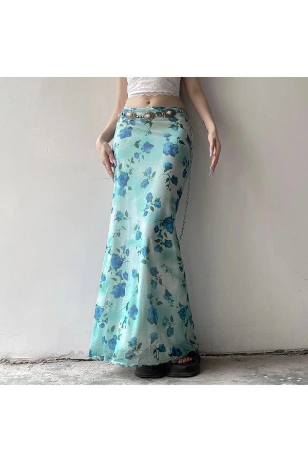 Blue Blossom Mesh Maxi Skirt - Y2K Aesthetic Floral Layered Style