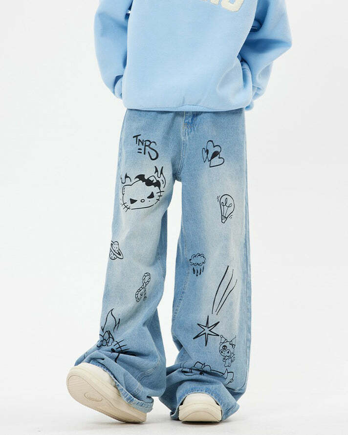 Blue Grunge Aesthetic Cat Jeans for Y2K Style and Cute Outfits