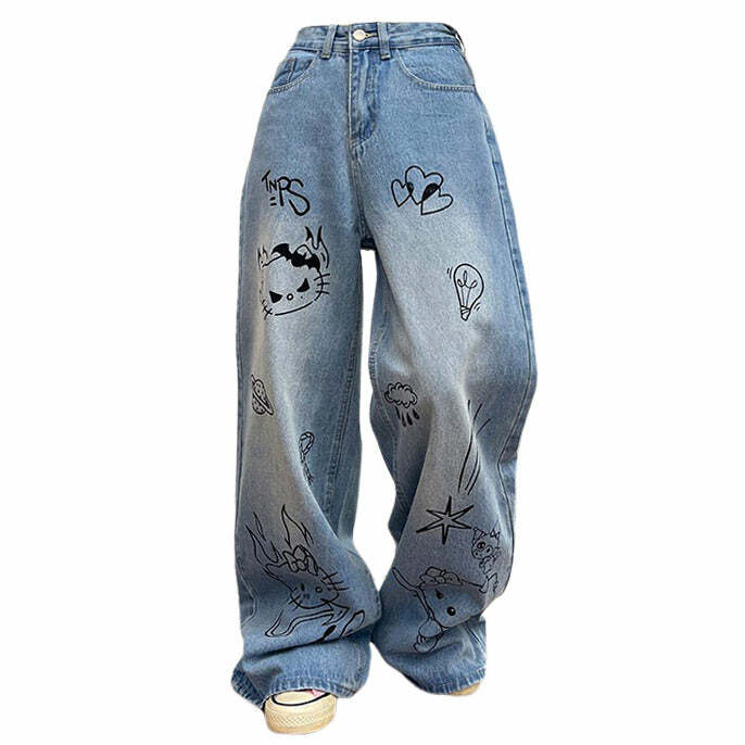 Blue Grunge Aesthetic Cat Jeans for Y2K Style and Cute Outfits