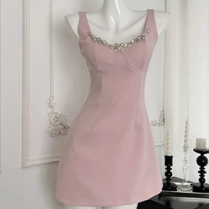 Blush Crystal-Trim A-Line Dress for Y2K Aesthetic & Coquette Style