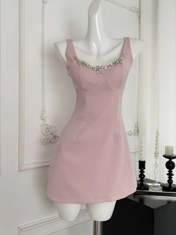 Blush Crystal-Trim A-Line Dress for Y2K Aesthetic & Coquette Style