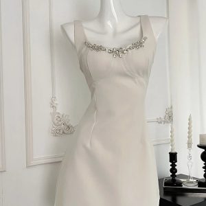 Blush Crystal-Trim A-Line Dress for Y2K Aesthetic & Coquette Style