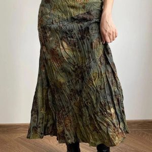 Boho Crinkled Floral Midi Skirt for Y2K Aesthetic and Coquette Style