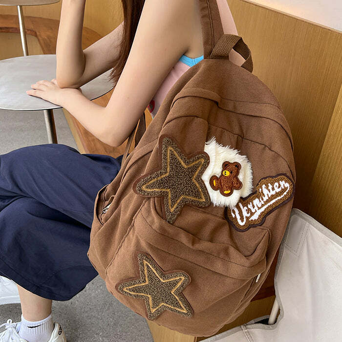 Brown Bear Star Backpack - Y2K Aesthetic Cute Bag for Trendy Outfits