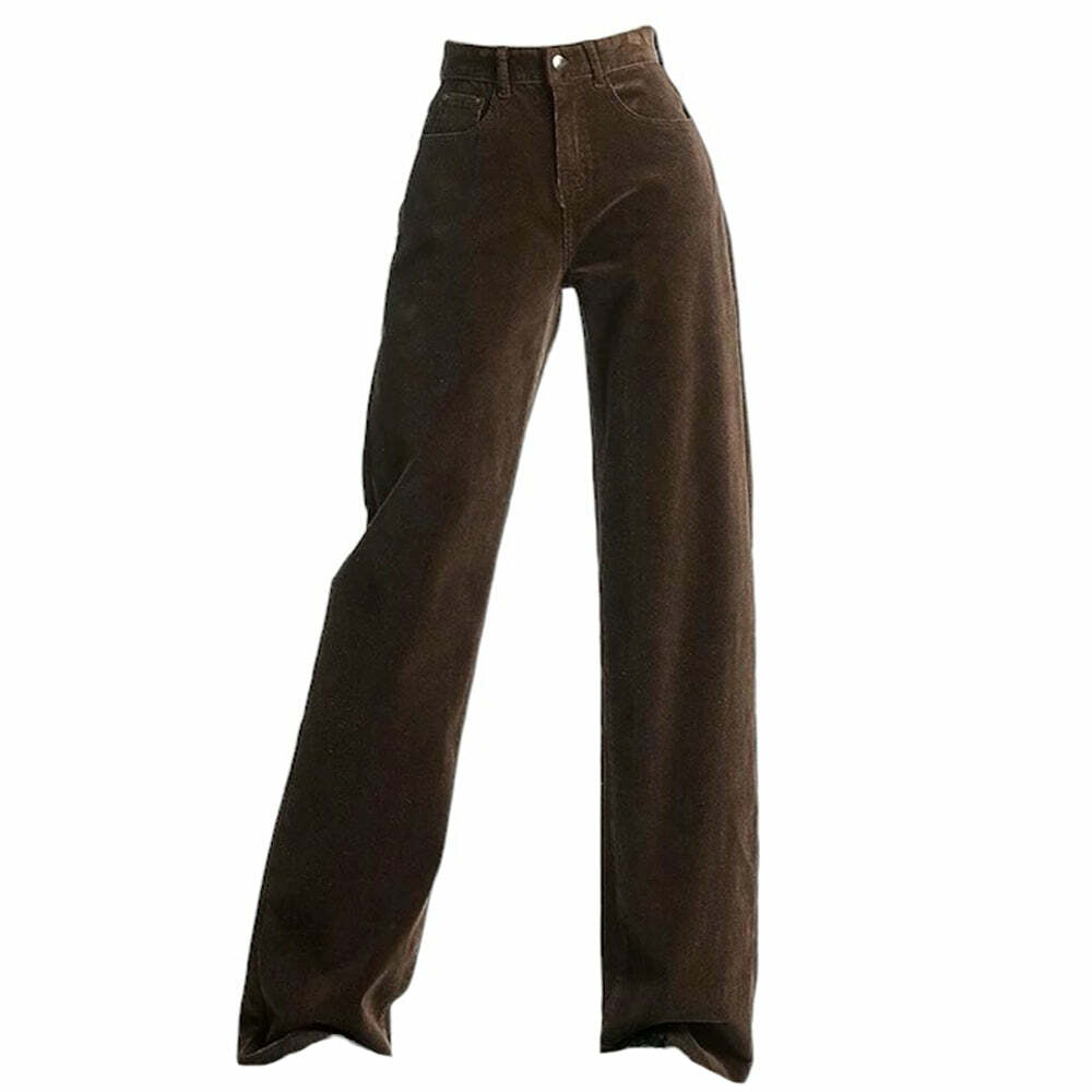 Brown High-Rise Retro Cord Pants for Y2K Aesthetic & Grunge Style