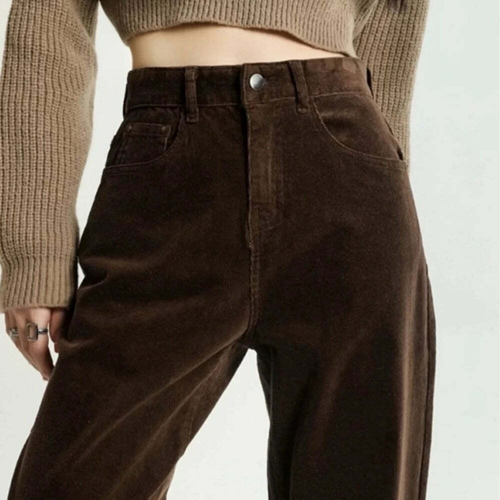 Brown High-Rise Retro Cord Pants for Y2K Aesthetic & Grunge Style