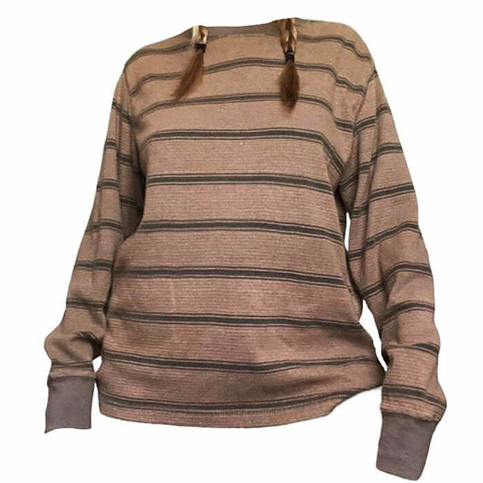 Brown Striped Longsleeve Top - Y2K Aesthetic Cute Top for Stylish Outfits