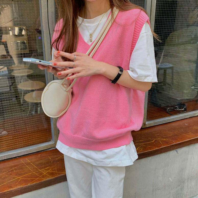 Bubble Gum Pink Knit Vest - Y2K Aesthetic Cute Top for Cozy Outfits