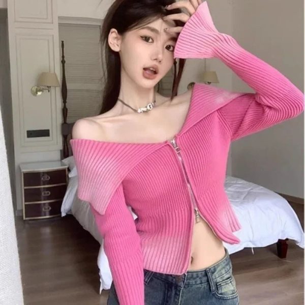 Bubblegum Y2K Off-Shoulder Zip-Up Top for Cute Aesthetic Outfits