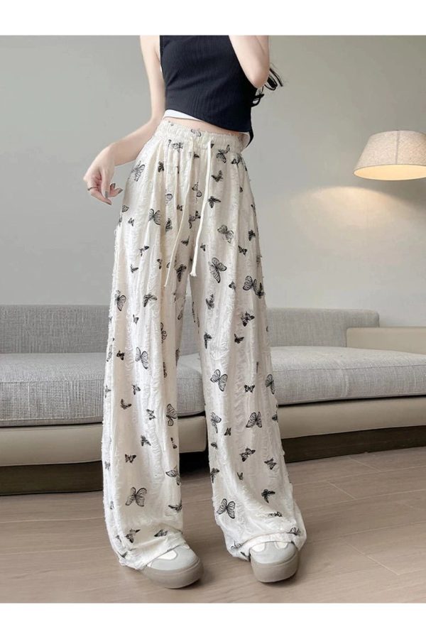 Butterfly Embroidered Wide-Leg Pants for Y2K Aesthetic Outfits