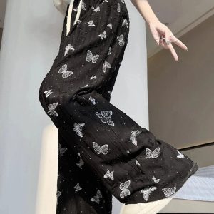 Butterfly Embroidered Wide-Leg Pants for Y2K Aesthetic Outfits