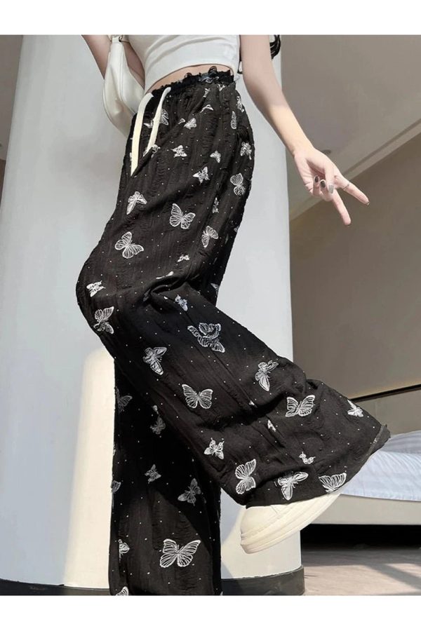 Butterfly Embroidered Wide-Leg Pants for Y2K Aesthetic Outfits