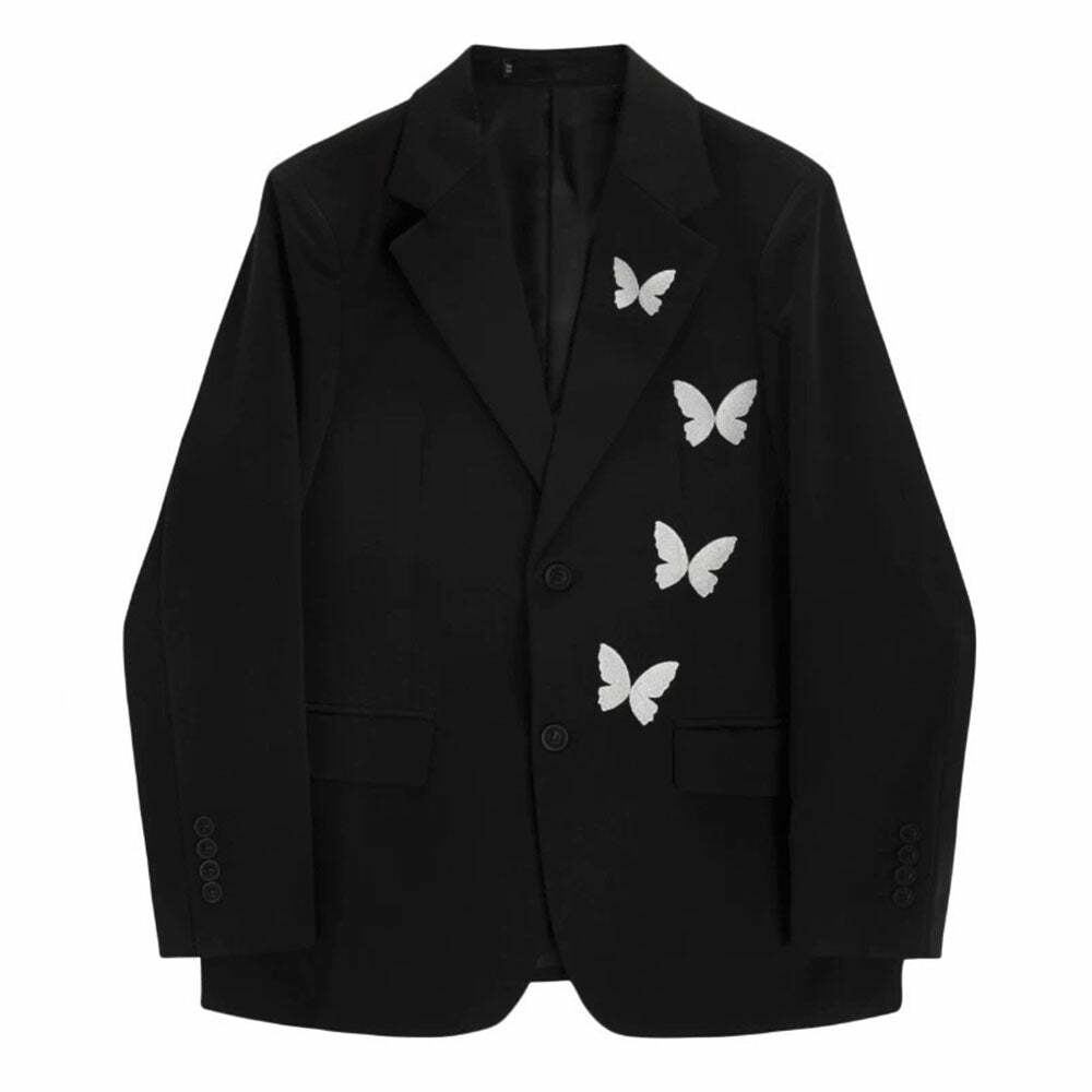 Butterfly Embroidery Black Blazer - Y2K Aesthetic Chic Layering Piece