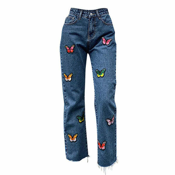 Butterfly Embroidery Jeans - Y2K Aesthetic Grunge Style Denim Pants