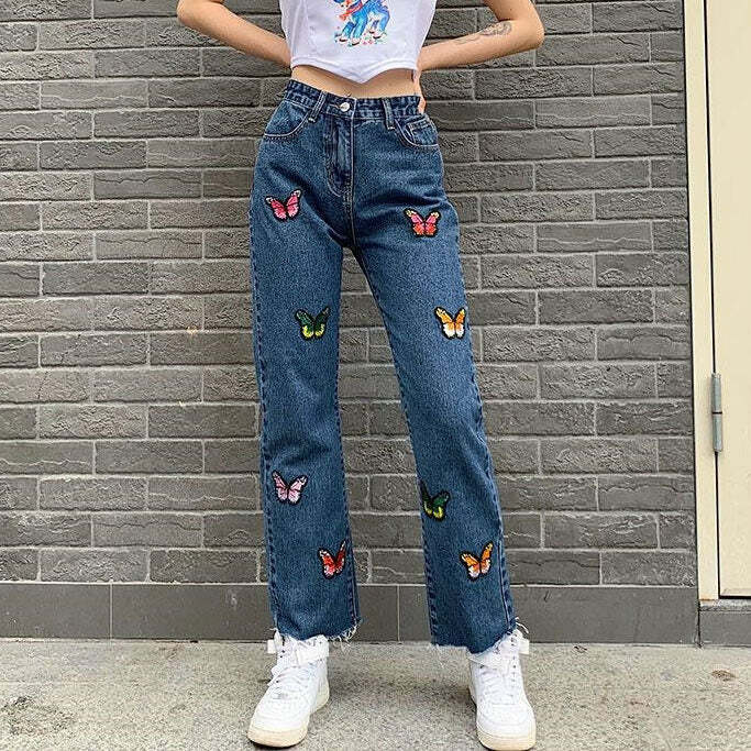 Butterfly Embroidery Jeans - Y2K Aesthetic Grunge Style Denim Pants