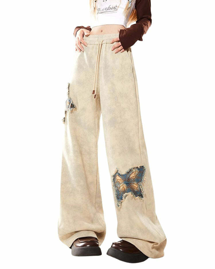 Butterfly Patch Wide-Leg Pants for Y2K Aesthetic and Coquette Style