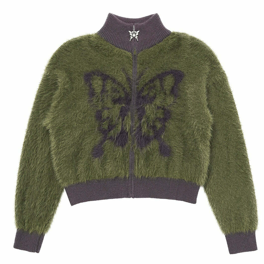 Butterfly Print Fuzzy Bomber Jacket - Y2K Aesthetic Cozy Style