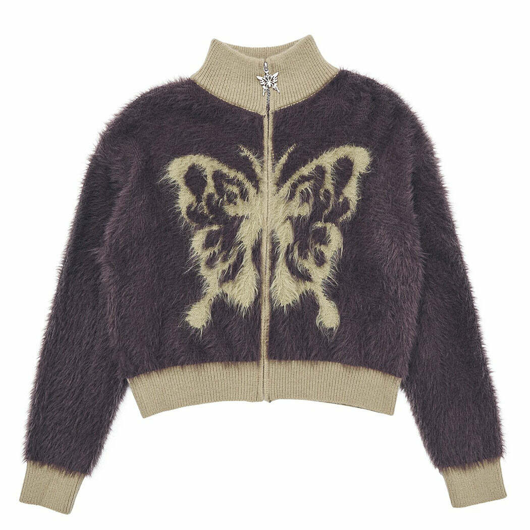 Butterfly Print Fuzzy Bomber Jacket - Y2K Aesthetic Cozy Style