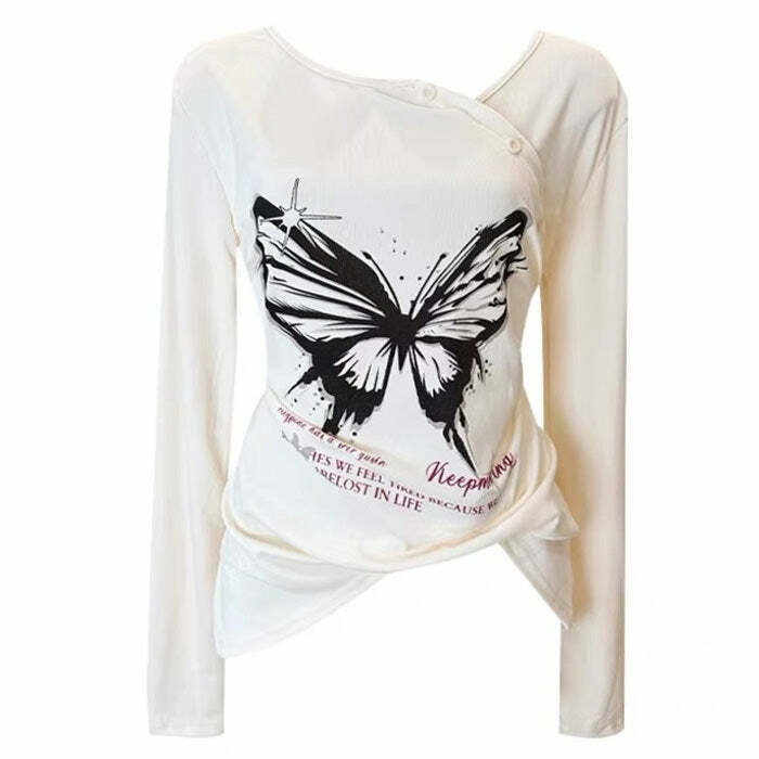 Butterfly Print Sheer Top - Y2K Aesthetic Cute Layering Piece