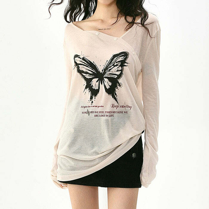 Butterfly Print Sheer Top - Y2K Aesthetic Cute Layering Piece