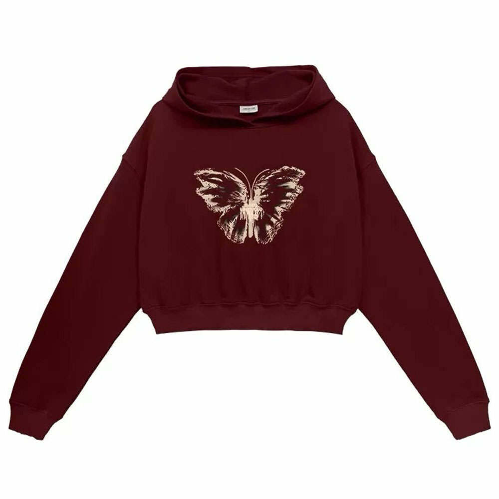 Butterfly Print Y2K Crop Hoodie for Coquette and Grunge Aesthetics