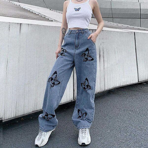 Butterfly Print Y2K Jeans for a Cute Coquette Aesthetic Look