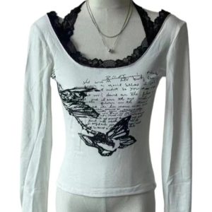 Butterfly Script Lace-Trim Top - Y2K Aesthetic Cute Top for Stylish Looks