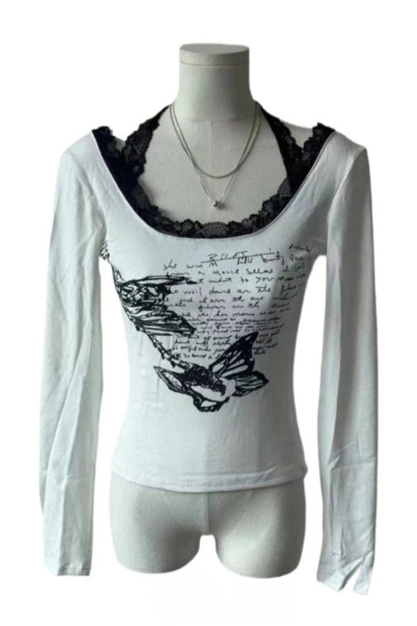 Butterfly Script Lace-Trim Top - Y2K Aesthetic Cute Top for Stylish Looks