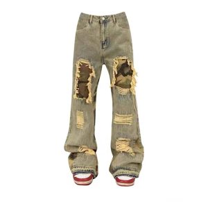 Camo Patchwork Distressed Jeans for Y2K Aesthetic and Grunge Style