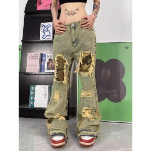 Camo Patchwork Distressed Jeans for Y2K Aesthetic and Grunge Style