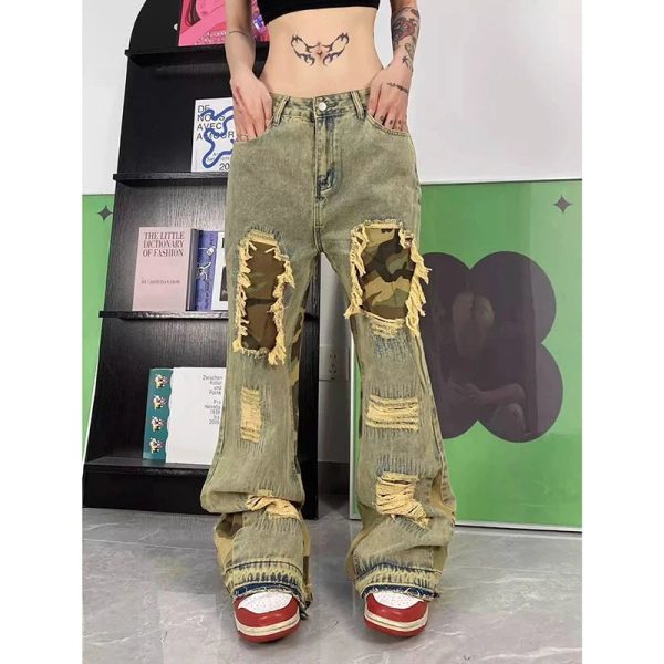 Camo Patchwork Distressed Jeans for Y2K Aesthetic and Grunge Style