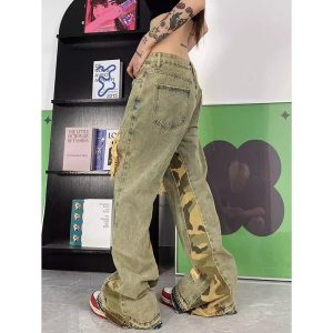 Camo Patchwork Distressed Jeans for Y2K Aesthetic and Grunge Style