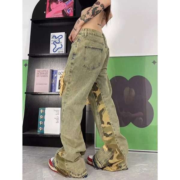 Camo Patchwork Distressed Jeans for Y2K Aesthetic and Grunge Style