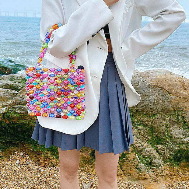 Candy Hearts Beaded Handbag - Y2K Aesthetic Cute Accessory for Outfits