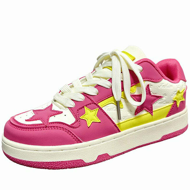 Candy Pink & Yellow Star Sneakers - Y2K Aesthetic Cute Footwear