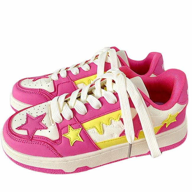 Candy Pink & Yellow Star Sneakers - Y2K Aesthetic Cute Footwear