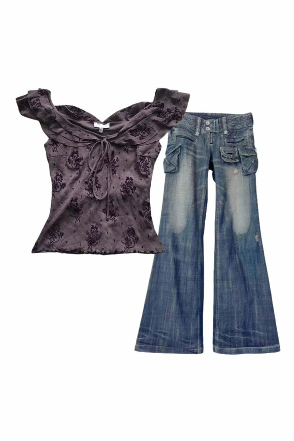 Cargo Chic Wide-Leg Jeans & Fairycore Floral Lace-Up Off-Shoulder Top