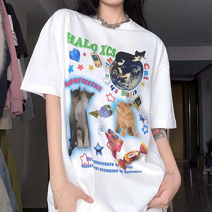 Cat's Planet Y2K Graphic Tee - Cute Aesthetic Top for Trendy Outfits