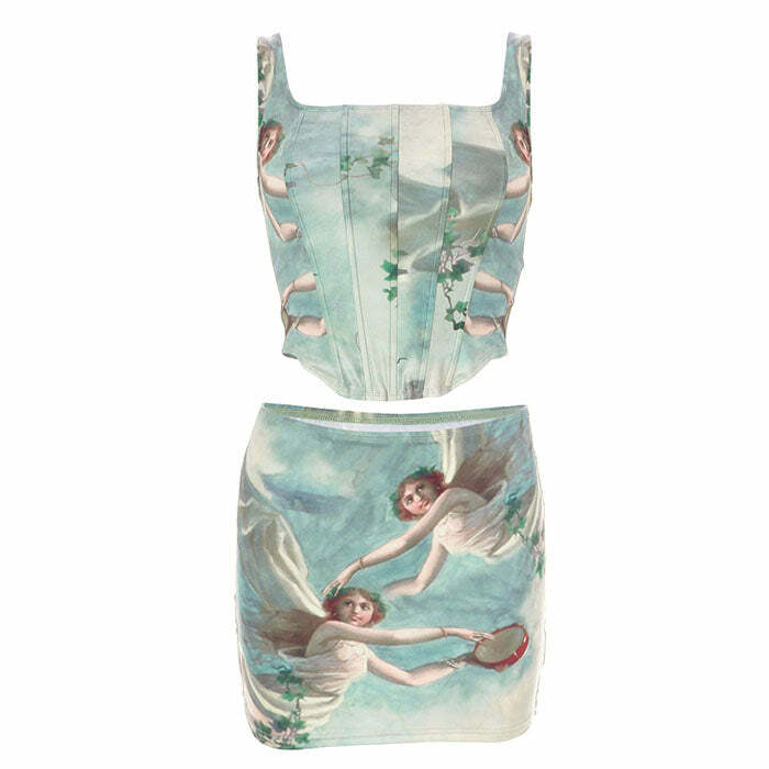 Celestial Cherub Y2K Aesthetic Corset Top & Skirt Set for Trendy Looks