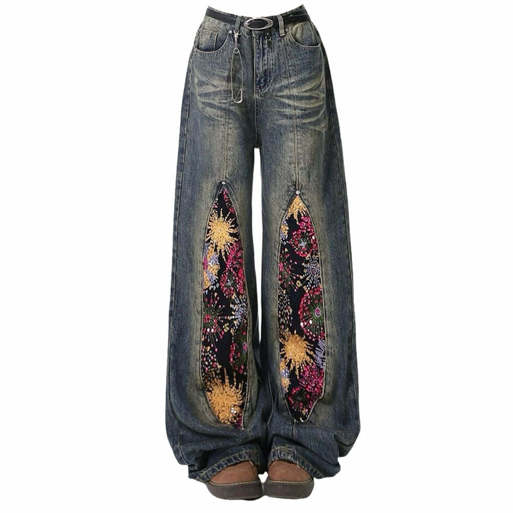 Celestial Magic Y2K Wide Leg Jeans for Grunge and Coquette Aesthetics