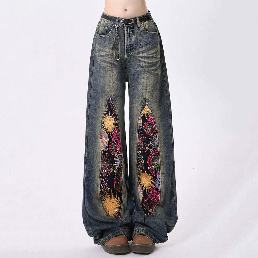 Celestial Magic Y2K Wide Leg Jeans for Grunge and Coquette Aesthetics