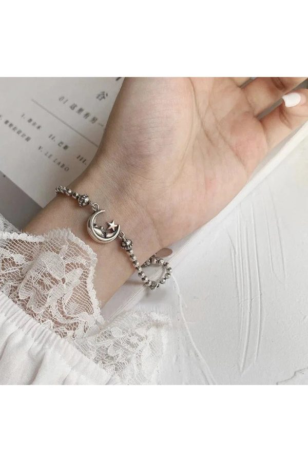 Celestial Moon & Star Silver Bracelet - Y2K Aesthetic Jewelry Piece