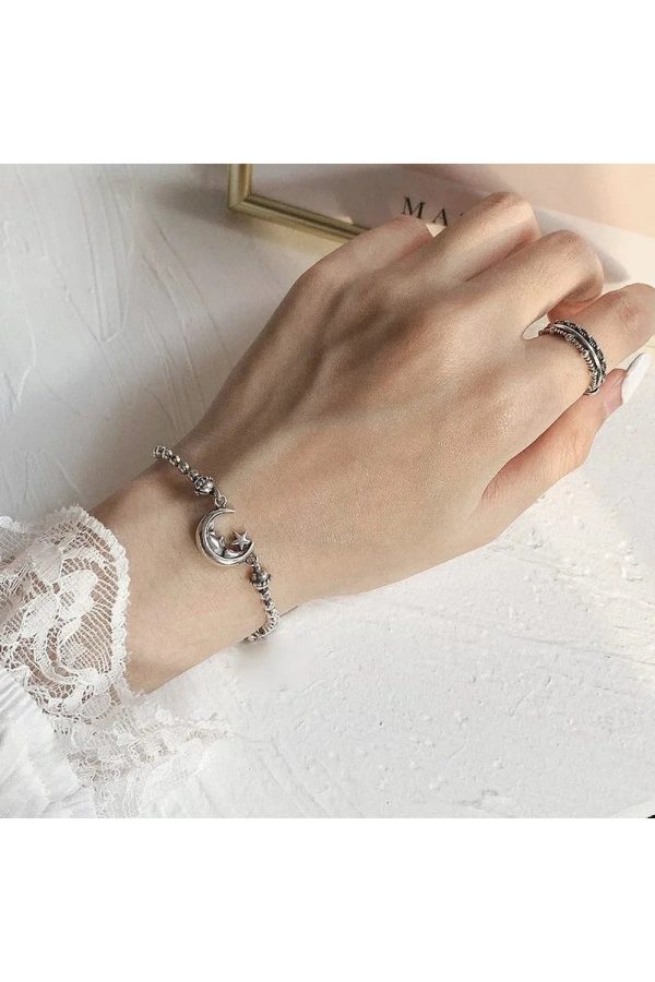 Celestial Moon & Star Silver Bracelet - Y2K Aesthetic Jewelry Piece