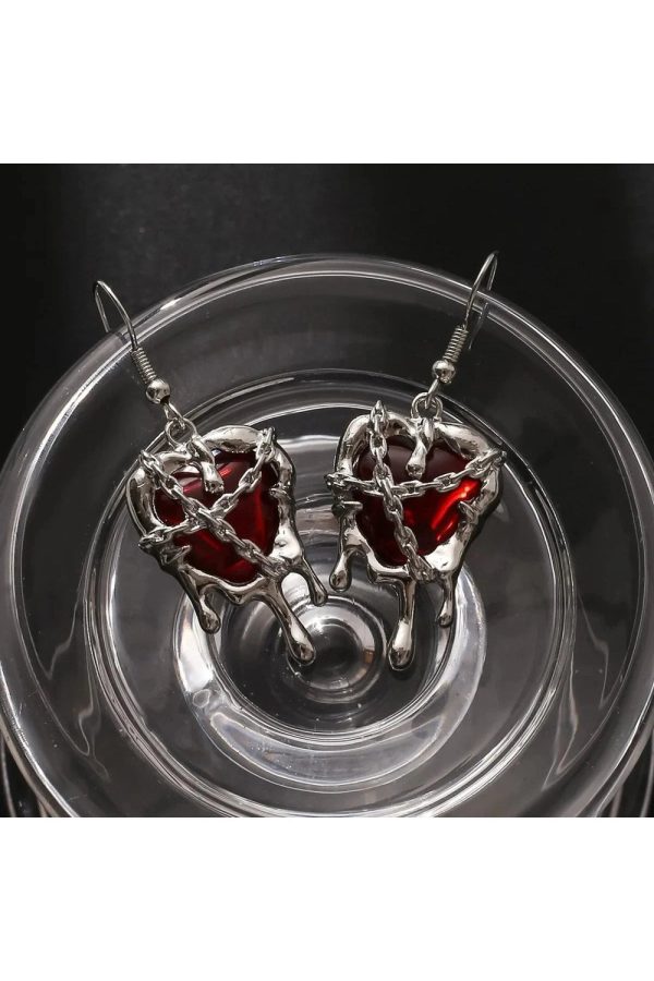 Chained Blood Heart Earrings - Y2K Aesthetic Grunge Style Jewelry